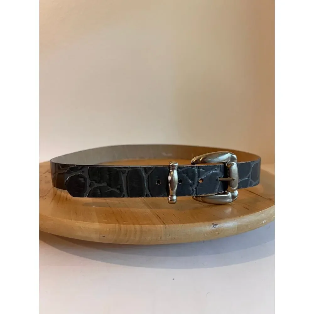 Vintage 90s Gray Vegan Snake Skin Leather Chunky Silver Buckle Belt Size Small